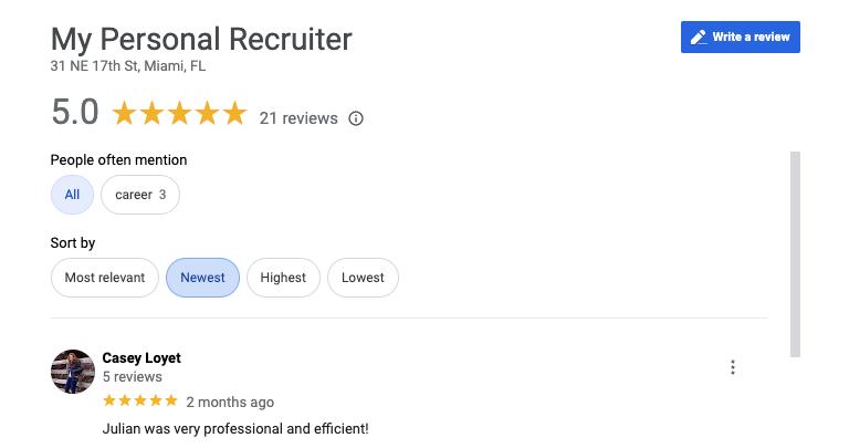 My Personal Recruiter Google Reviews
