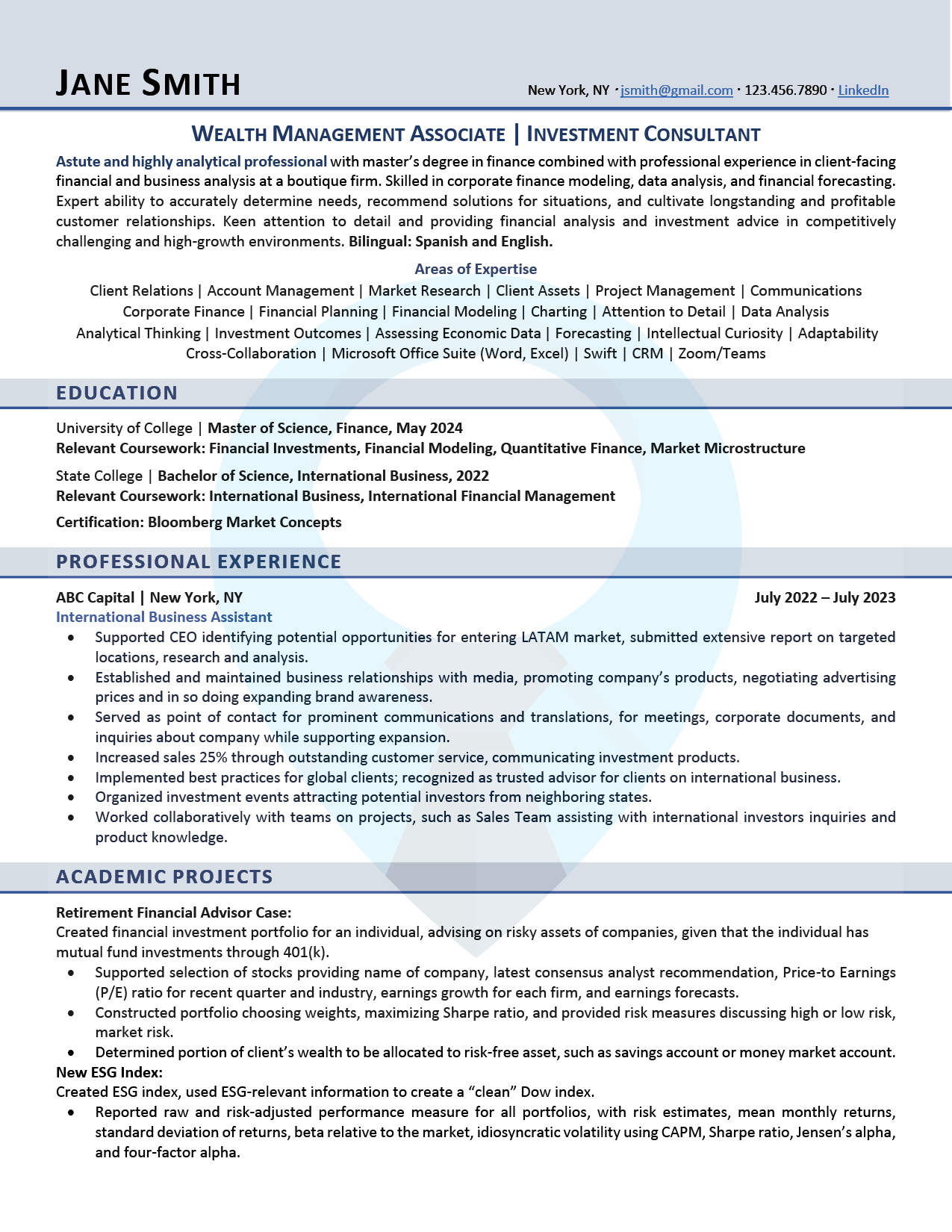 Entry-Level Resume Sample: Wealth Management