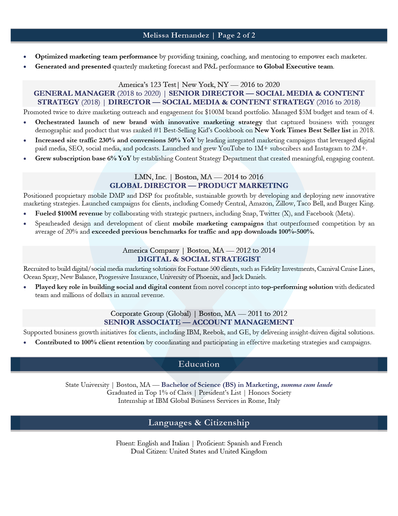 Executive Resume Sample: VP of Marketing