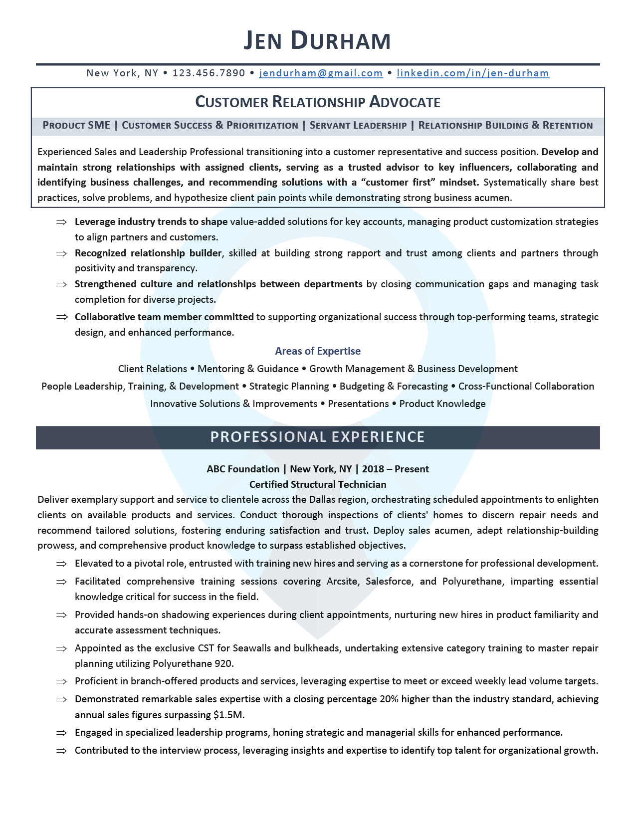 Professional Resume Sample: Customer Relations