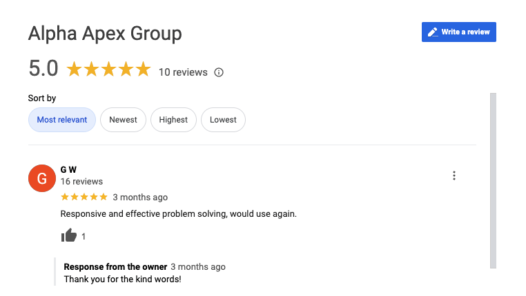 Alpha Apex Google Reviews