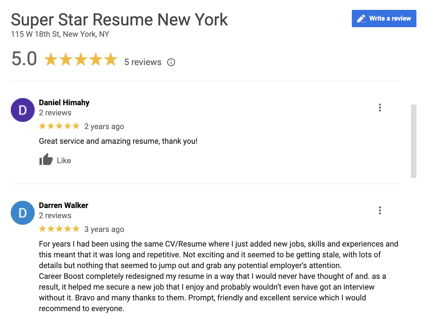 SuperStar Resume Google Reviews